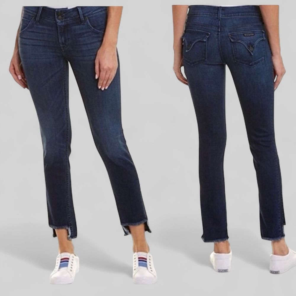 Hudson Women's Sz 27 Jeans Cat Mid Rise Skinny Step Fringe Hem Back Flap Pockets